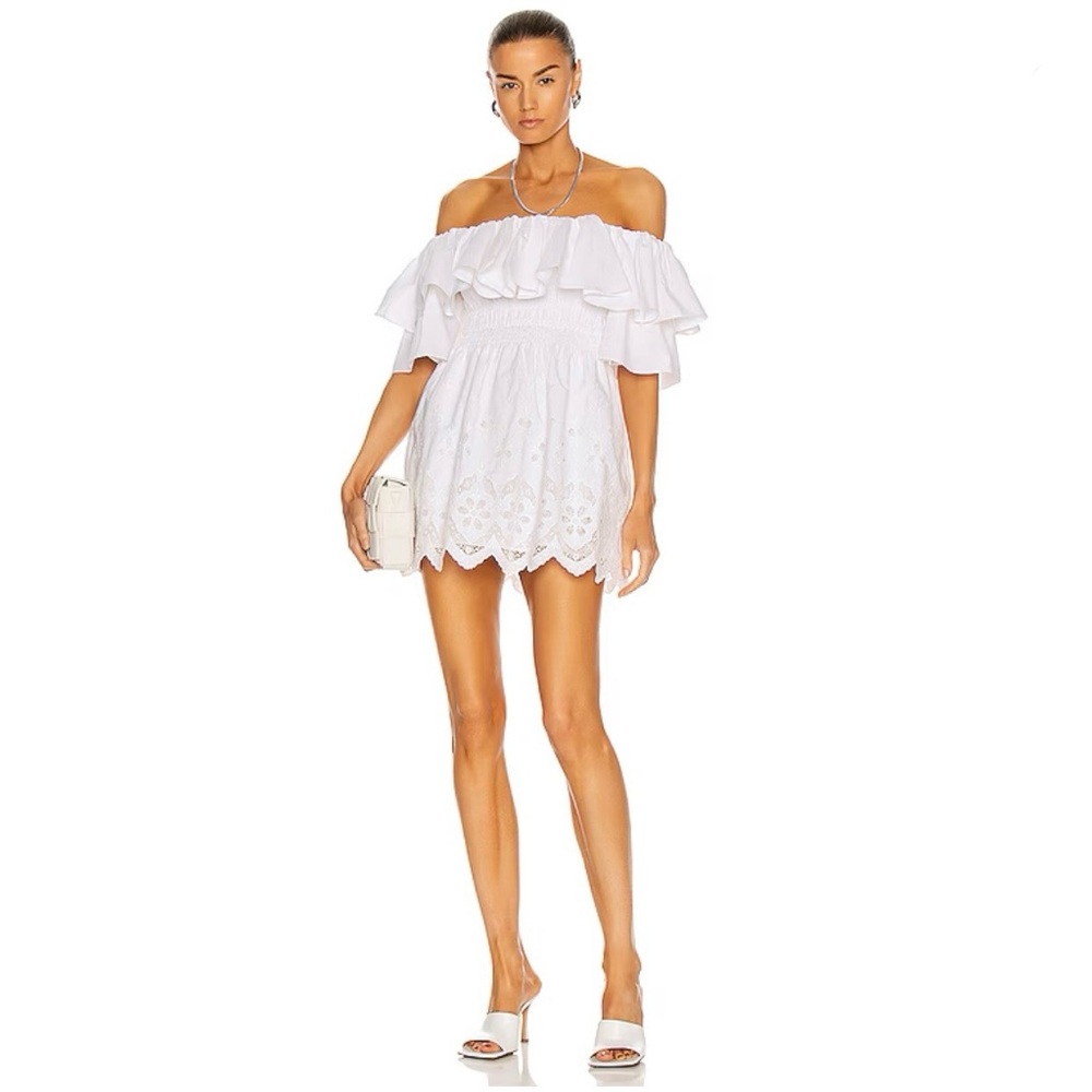 Self Portrait White Off Shoulder Eyelet Mini Dress Size 2